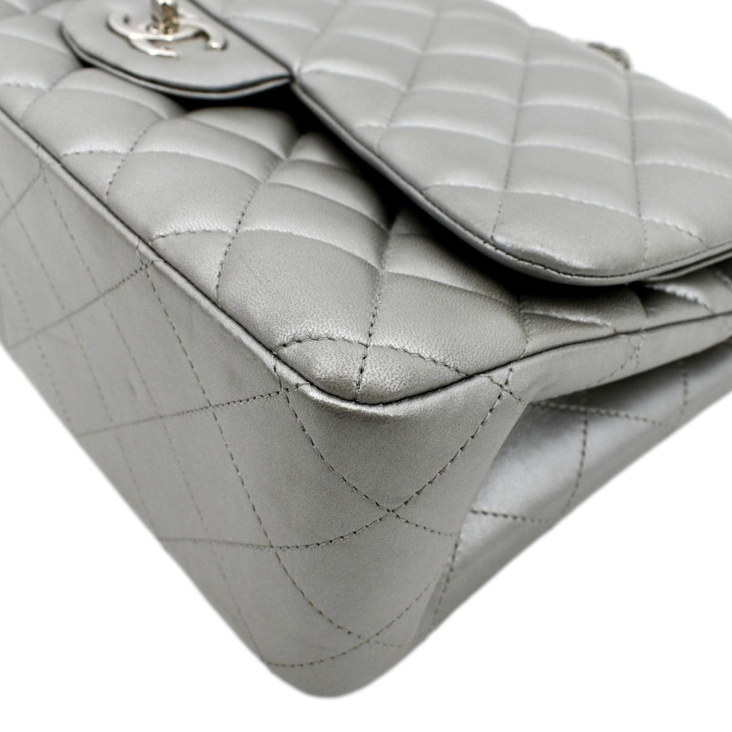 Chanel Jumbo Flap Quilted Leather Shoulder Bag Metallic Silver