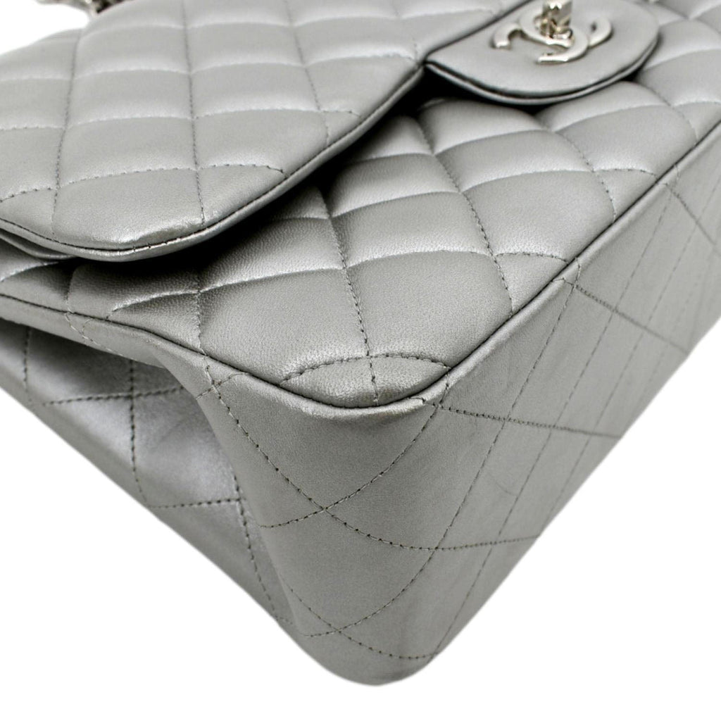 Chanel Jumbo Flap Quilted Leather Shoulder Bag Metallic Silver