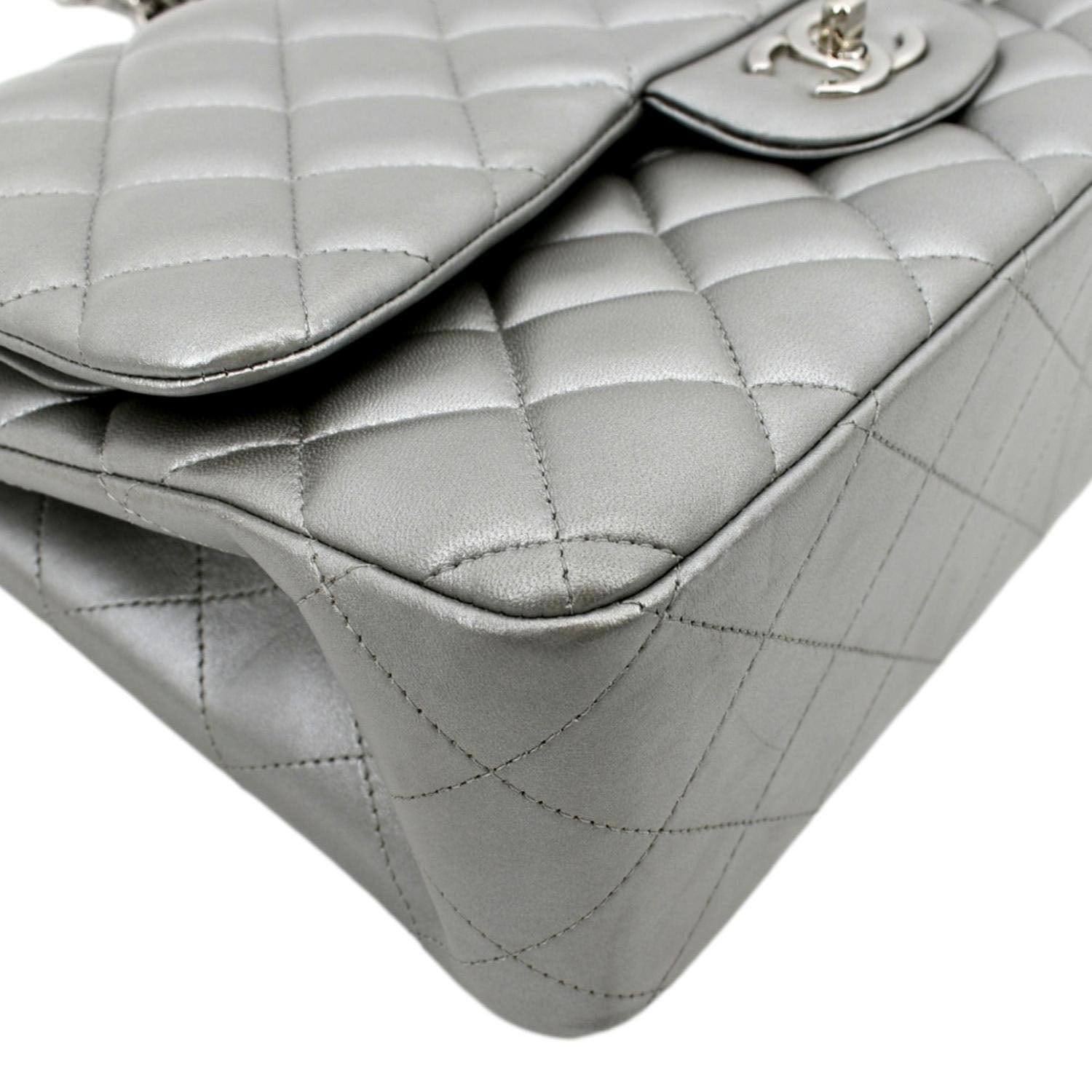 Chanel Jumbo Flap Quilted Leather Shoulder Bag Metallic Silver