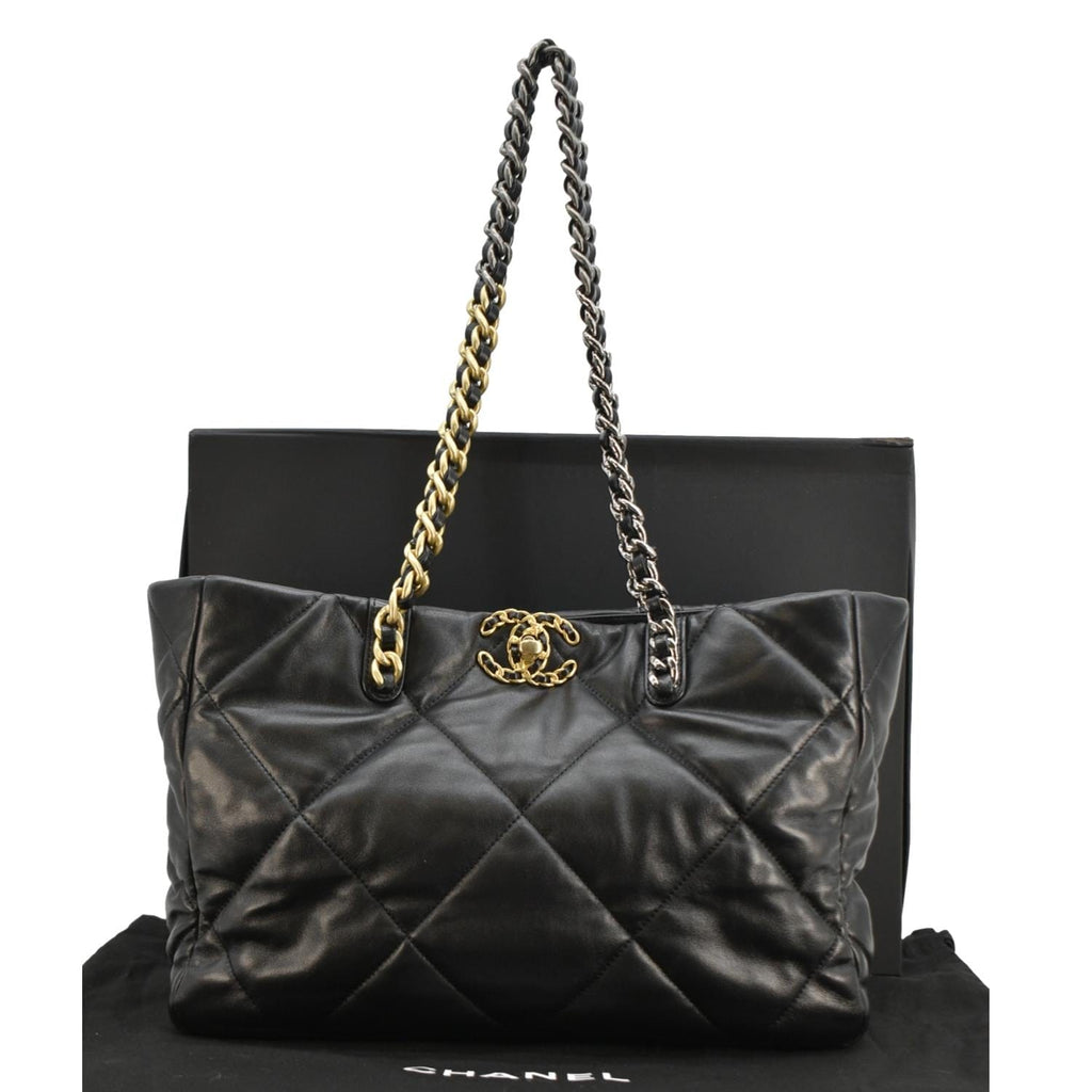 Chanel 19 East West Quilted Leather Shopping Tote Bag Black