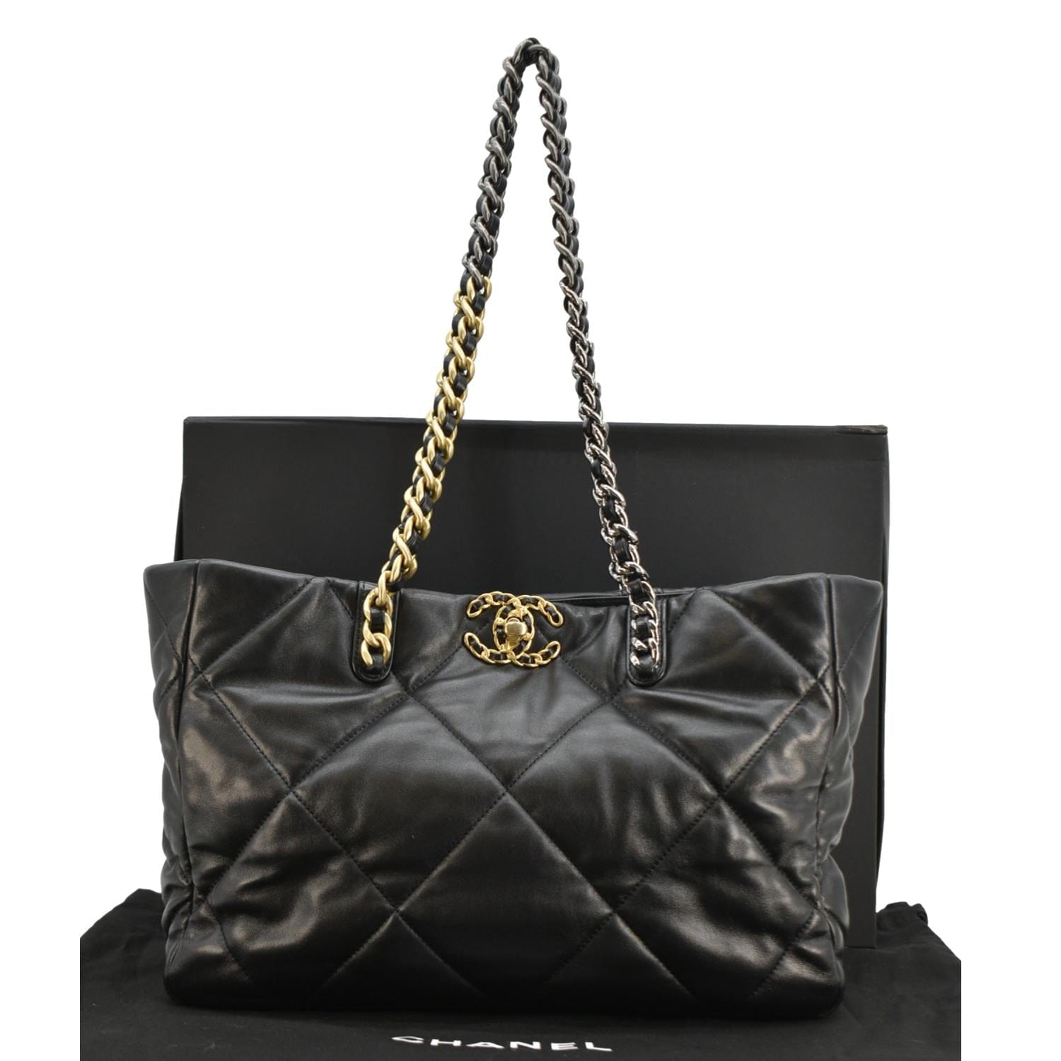 Chanel 19 East West Quilted Leather Shopping Tote Bag Black