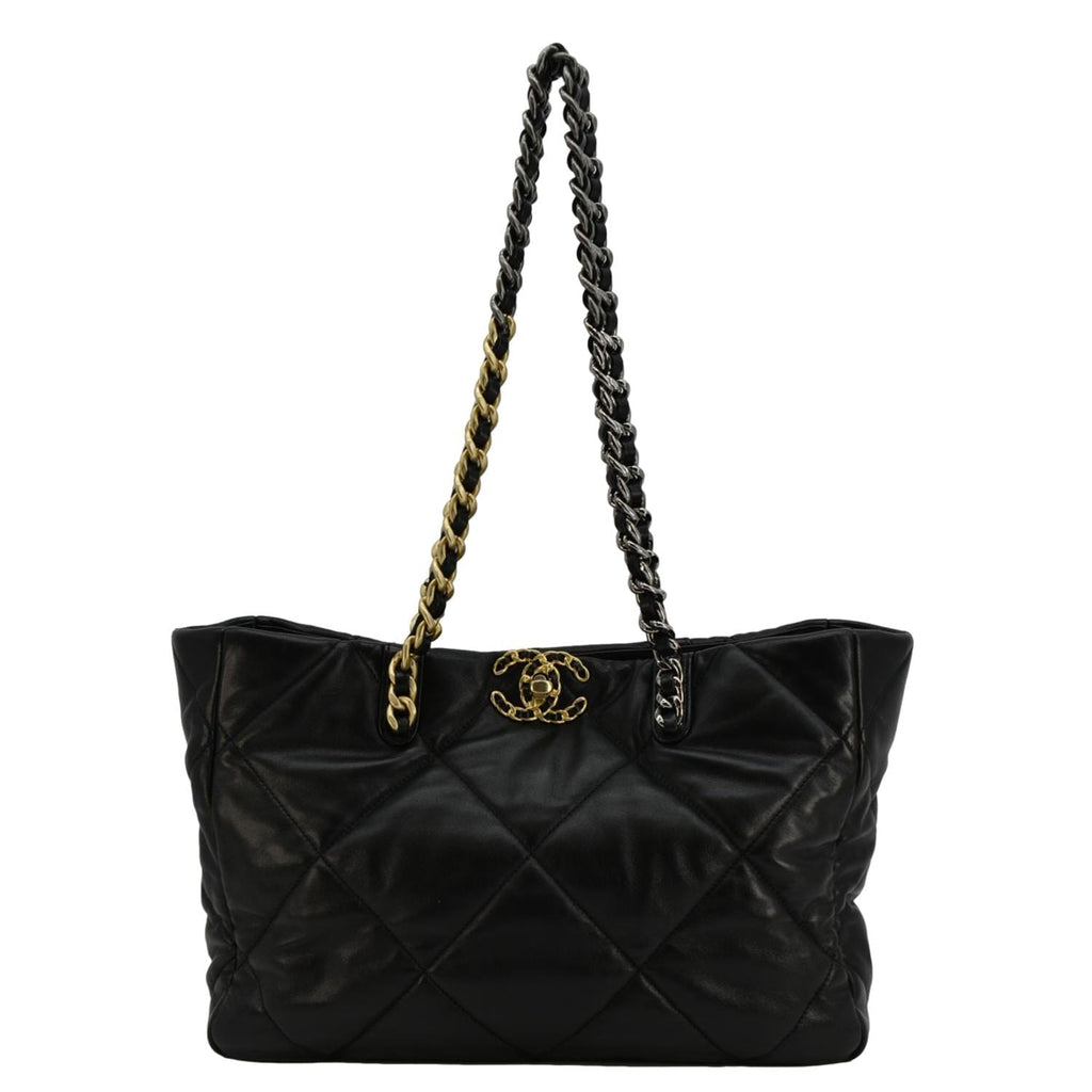 Chanel 19 East West Quilted Leather Shopping Tote Bag Black