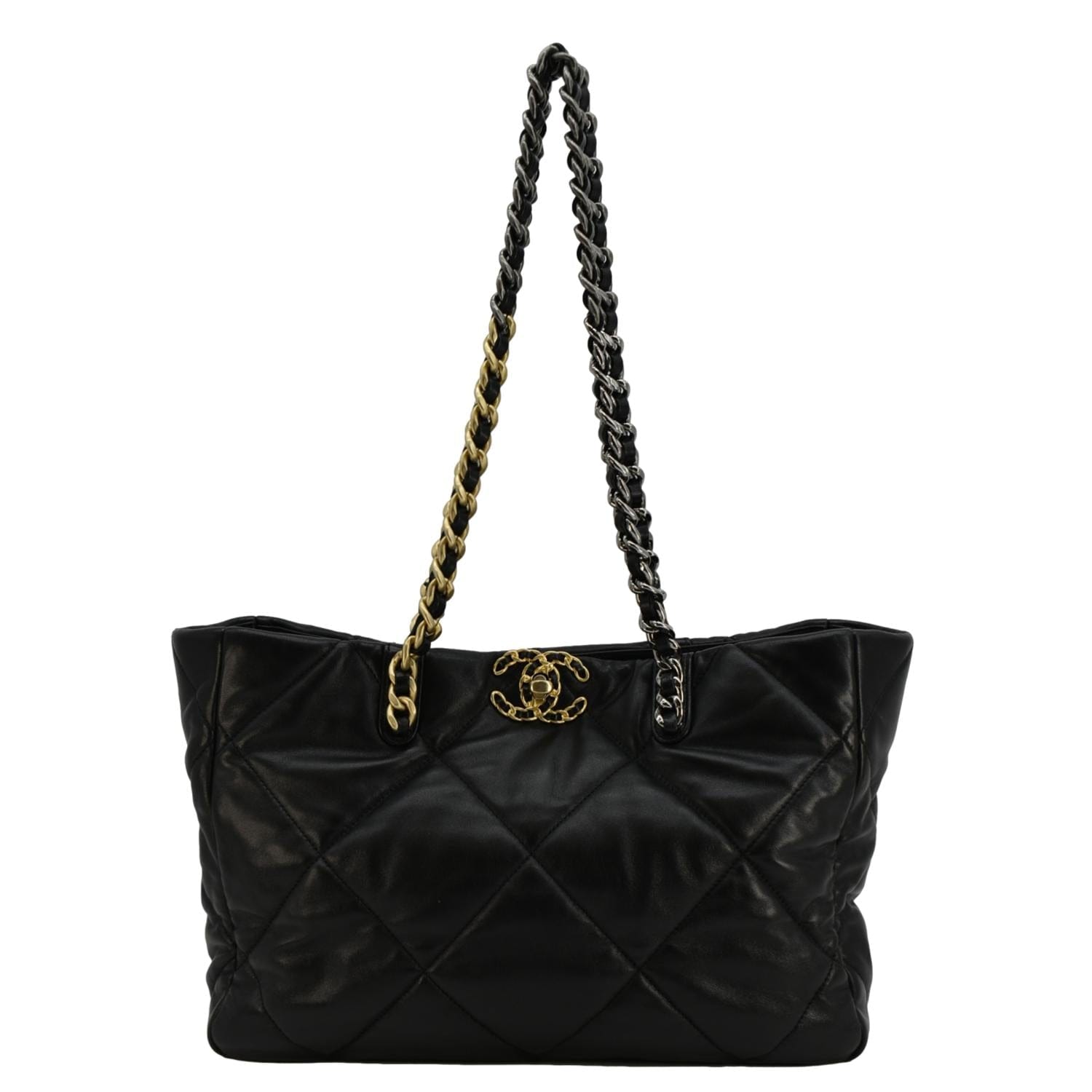 Chanel 19 East West Quilted Leather Shopping Tote Bag Black