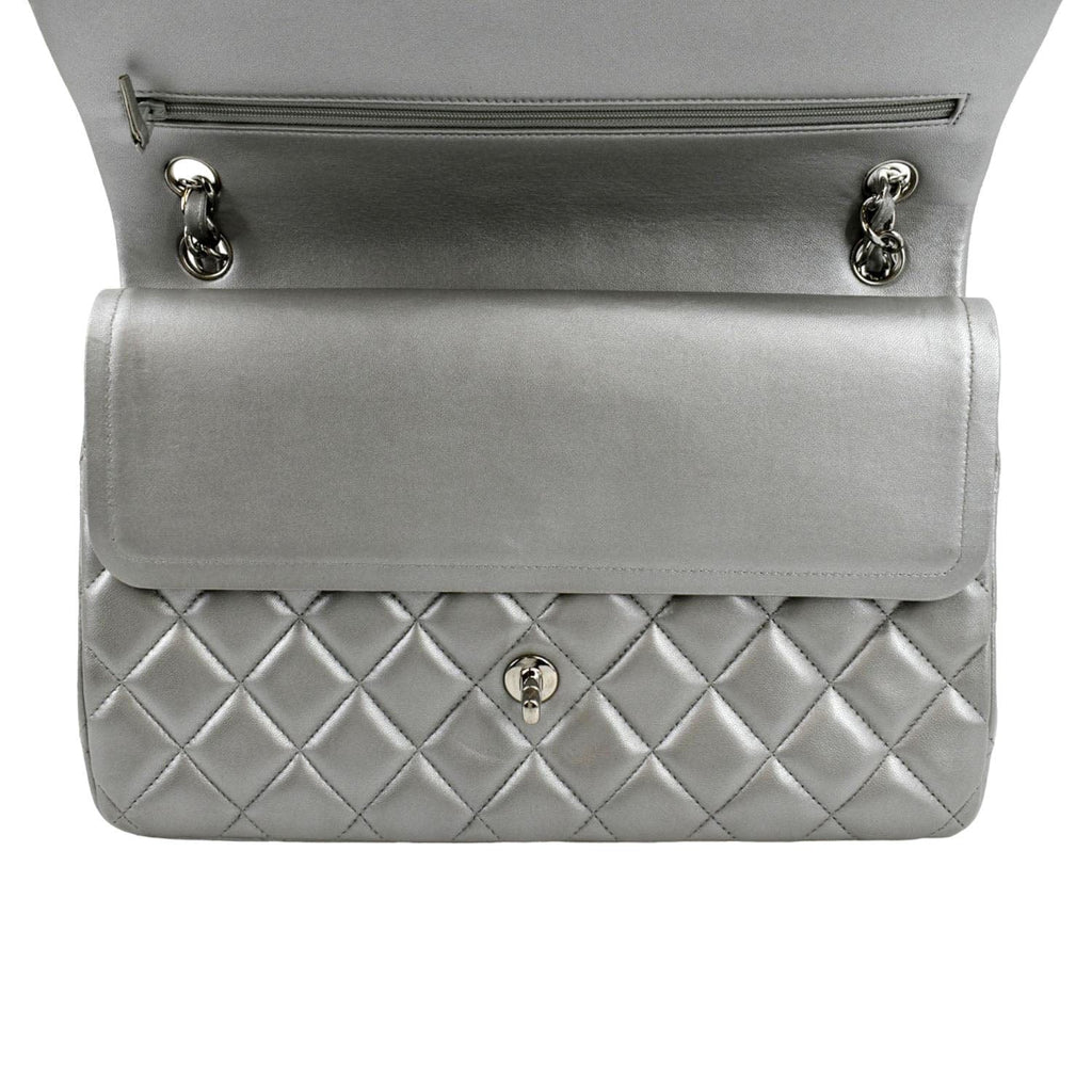 Chanel Jumbo Flap Quilted Leather Shoulder Bag Metallic Silver