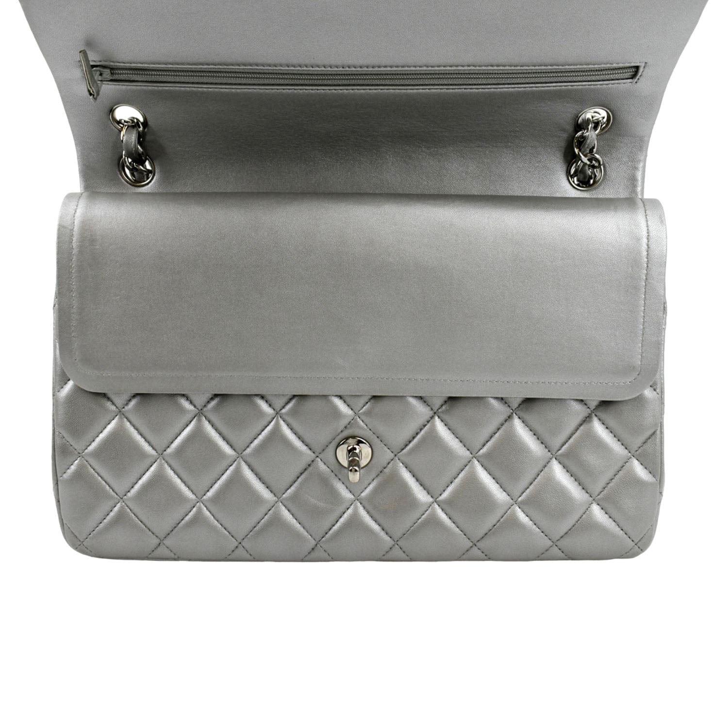 Chanel Jumbo Flap Quilted Leather Shoulder Bag Metallic Silver