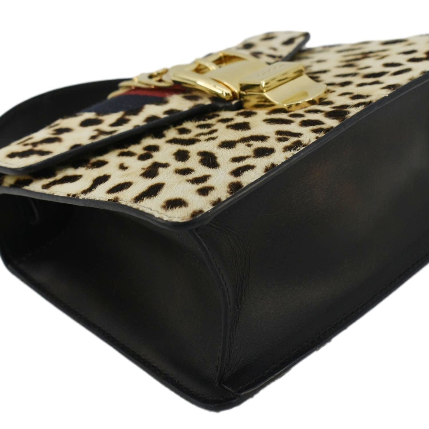 GUCCI Leopard Print Sylvie Mini Calf Hair Top Handle Shoulder Bag Beige 470270