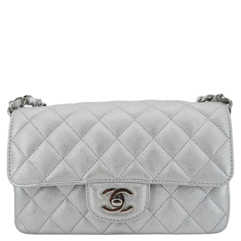 Chanel Rectangular Flap Mini Lambskin Leather Shoulder Bag Silver Metallic