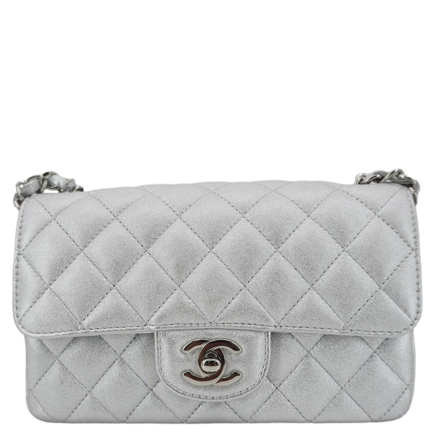 Chanel Rectangular Flap Mini Lambskin Leather Shoulder Bag Silver Metallic