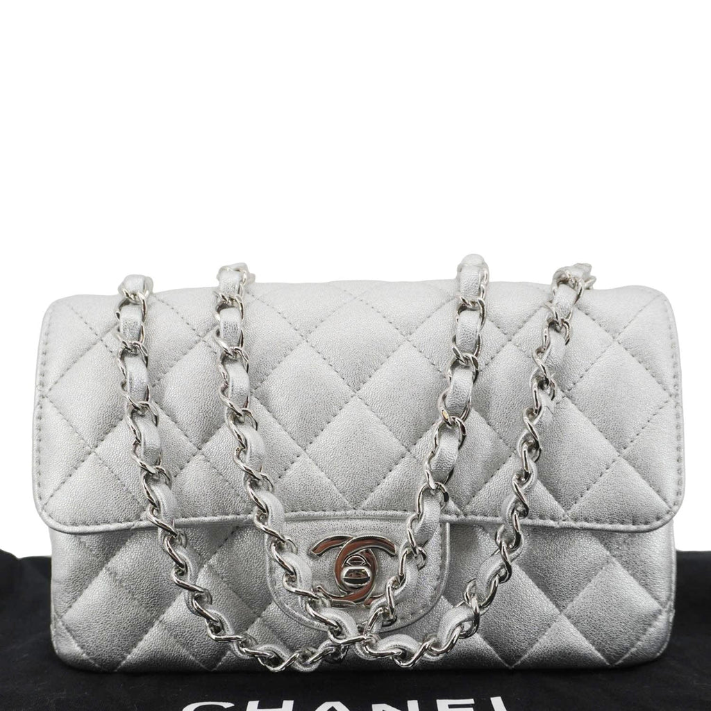 Chanel Rectangular Flap Mini Lambskin Leather Shoulder Bag Silver Metallic