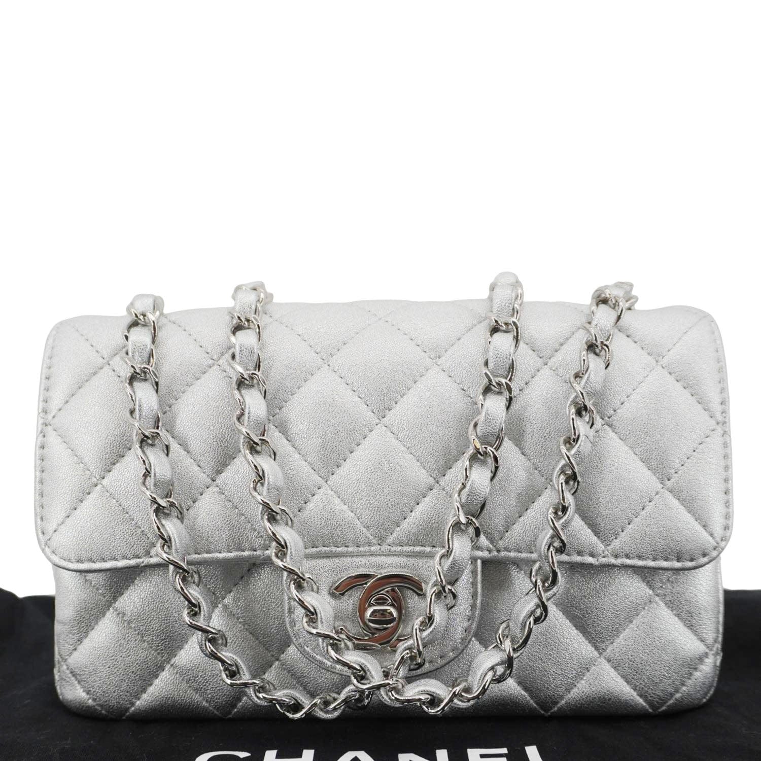 Chanel Rectangular Flap Mini Lambskin Leather Shoulder Bag Silver Metallic