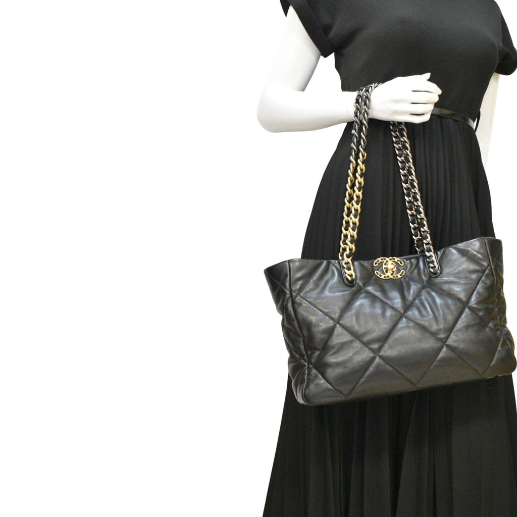 Chanel 19 East West Quilted Leather Shopping Tote Bag Black