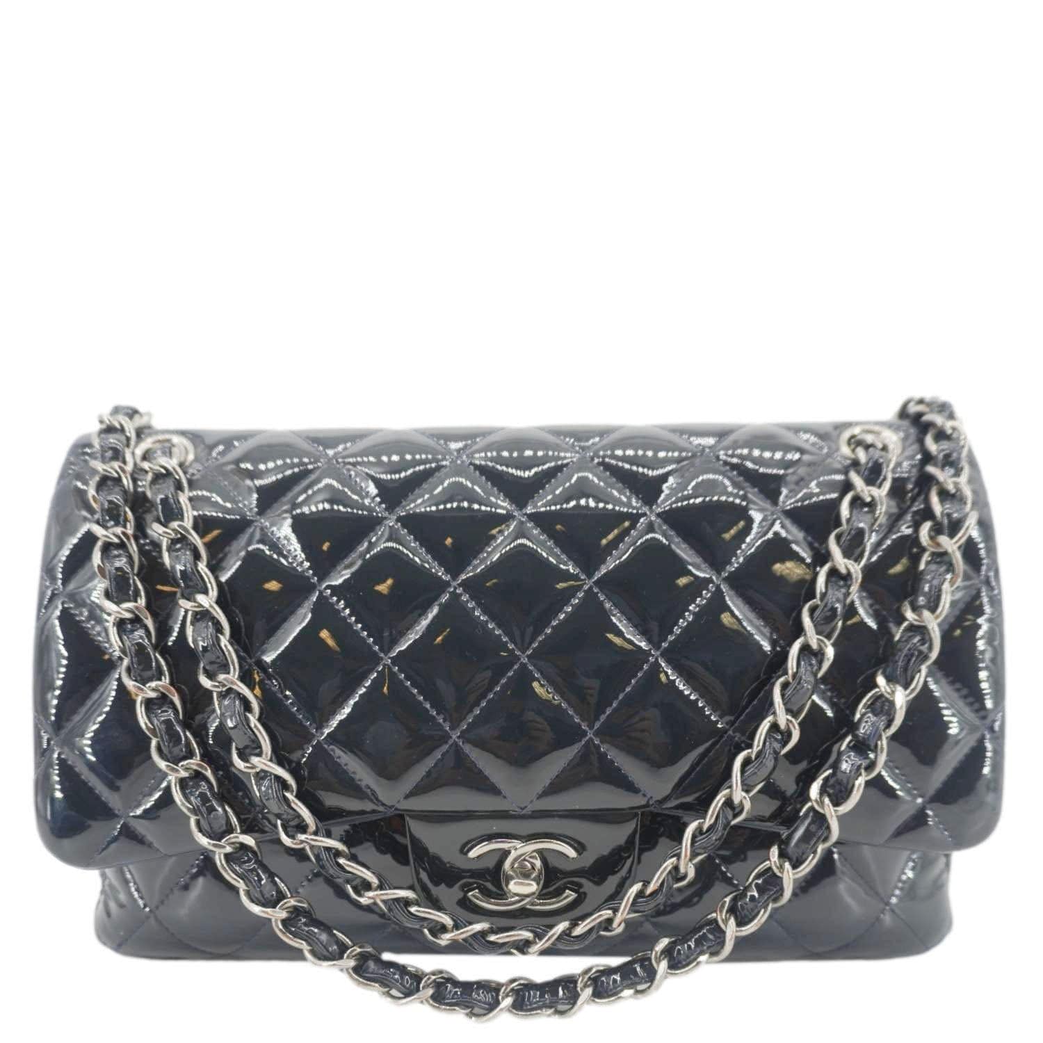 Chanel Classic Double Flap Quilted Patent Leather Shoulder Bag Navy Blue