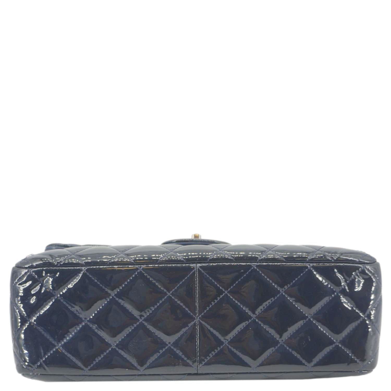 Chanel Classic Double Flap Quilted Patent Leather Shoulder Bag Navy Blue