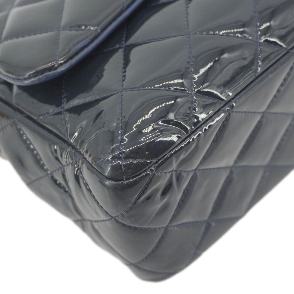 Chanel Classic Double Flap Quilted Patent Leather Shoulder Bag Navy Blue