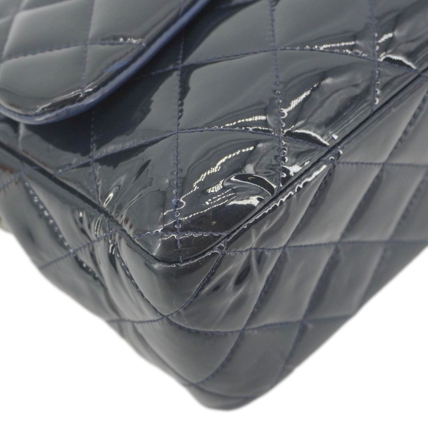 Chanel Classic Double Flap Quilted Patent Leather Shoulder Bag Navy Blue
