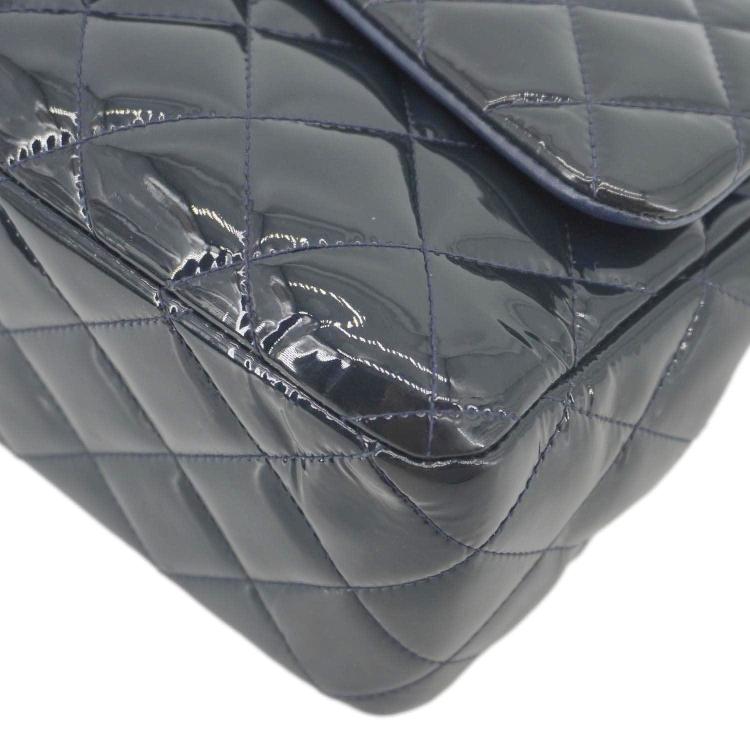 Chanel Classic Double Flap Quilted Patent Leather Shoulder Bag Navy Blue