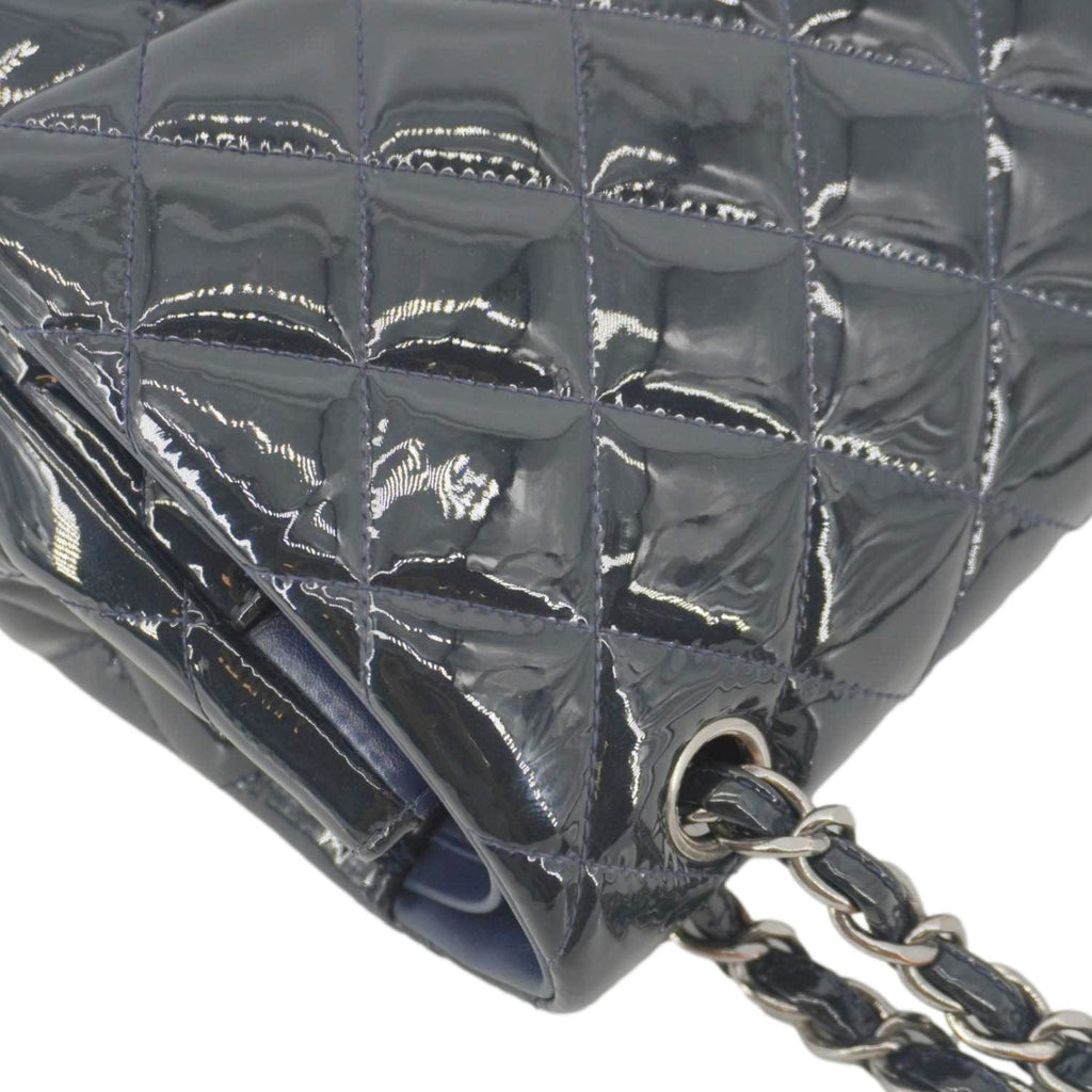 Chanel Classic Double Flap Quilted Patent Leather Shoulder Bag Navy Blue