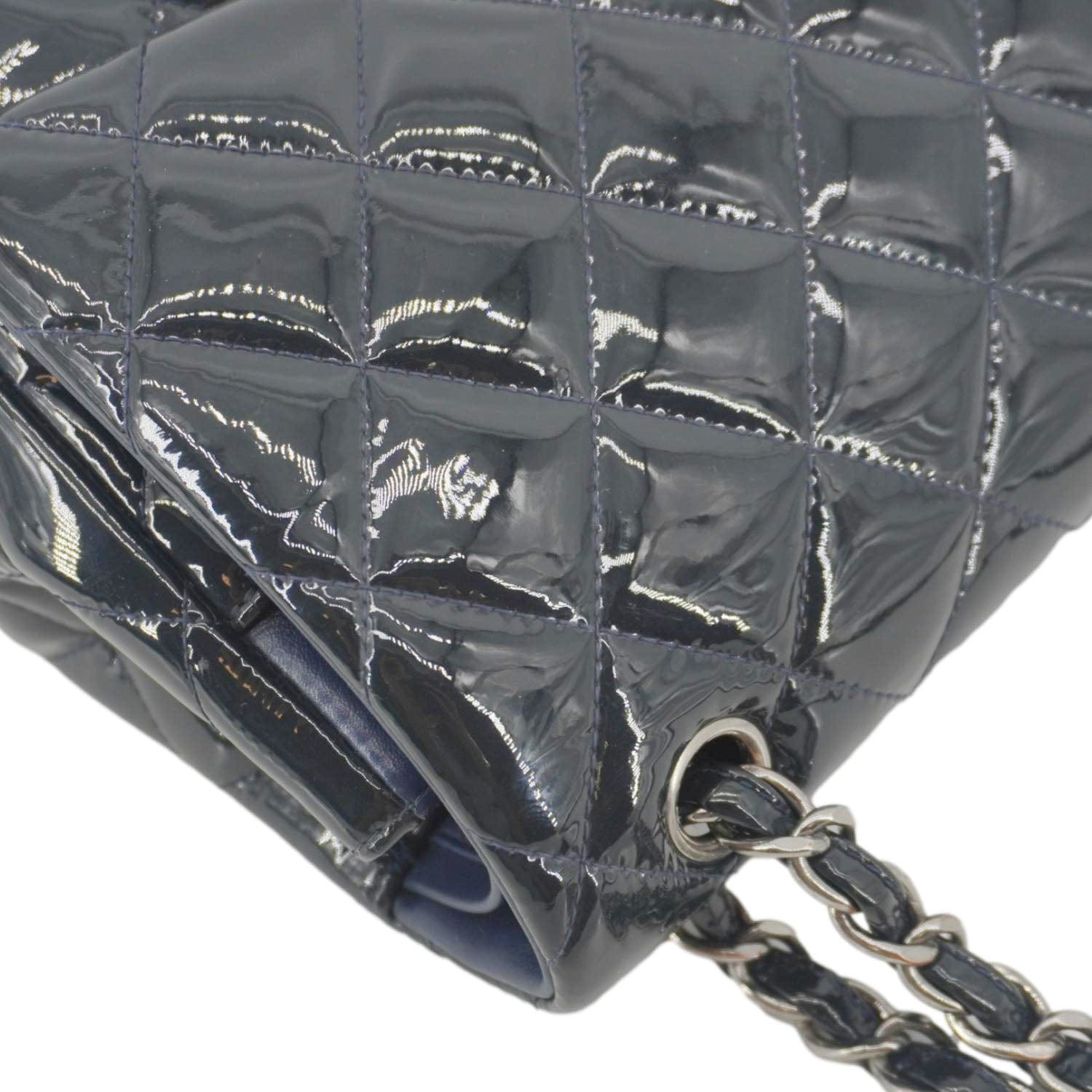 Chanel Classic Double Flap Quilted Patent Leather Shoulder Bag Navy Blue