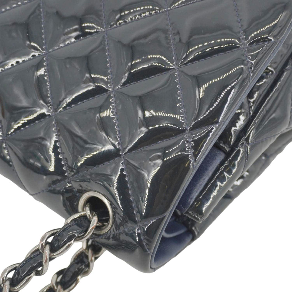 Chanel Classic Double Flap Quilted Patent Leather Shoulder Bag Navy Blue