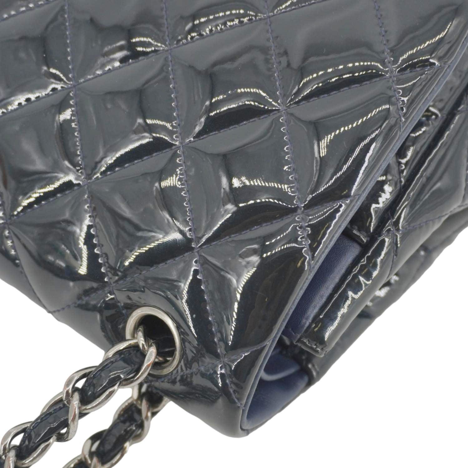 Chanel Classic Double Flap Quilted Patent Leather Shoulder Bag Navy Blue