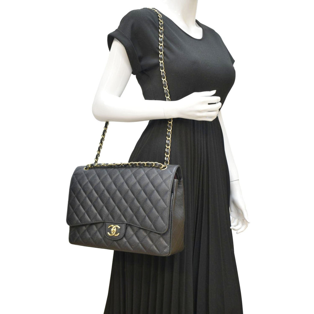 Chanel Classic Maxi Flap Quilted Caviar Leather Shoulder Bag Black