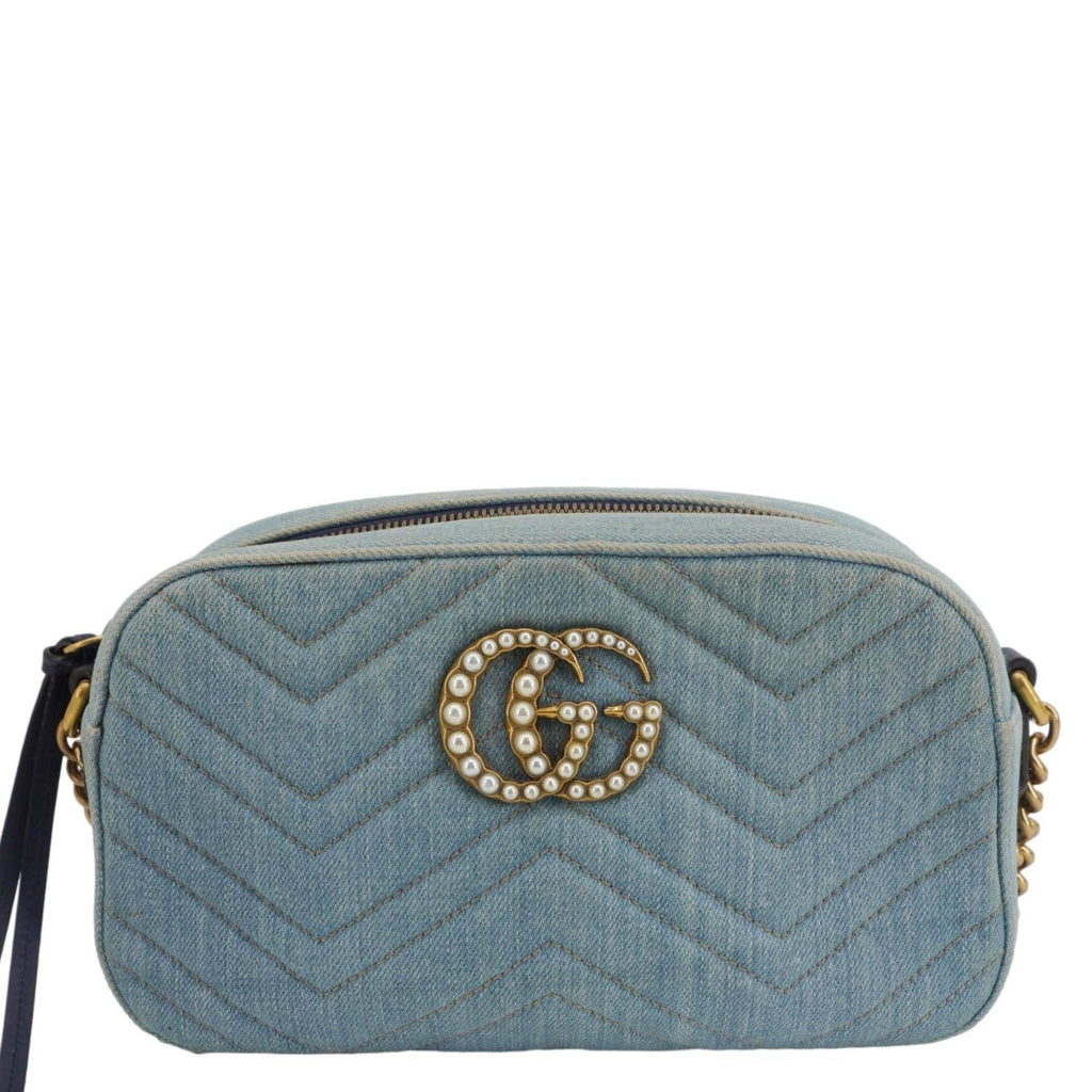 GUCCI Pearl Gucci Marmont Small Denim Crossbody Bag Blue 447632