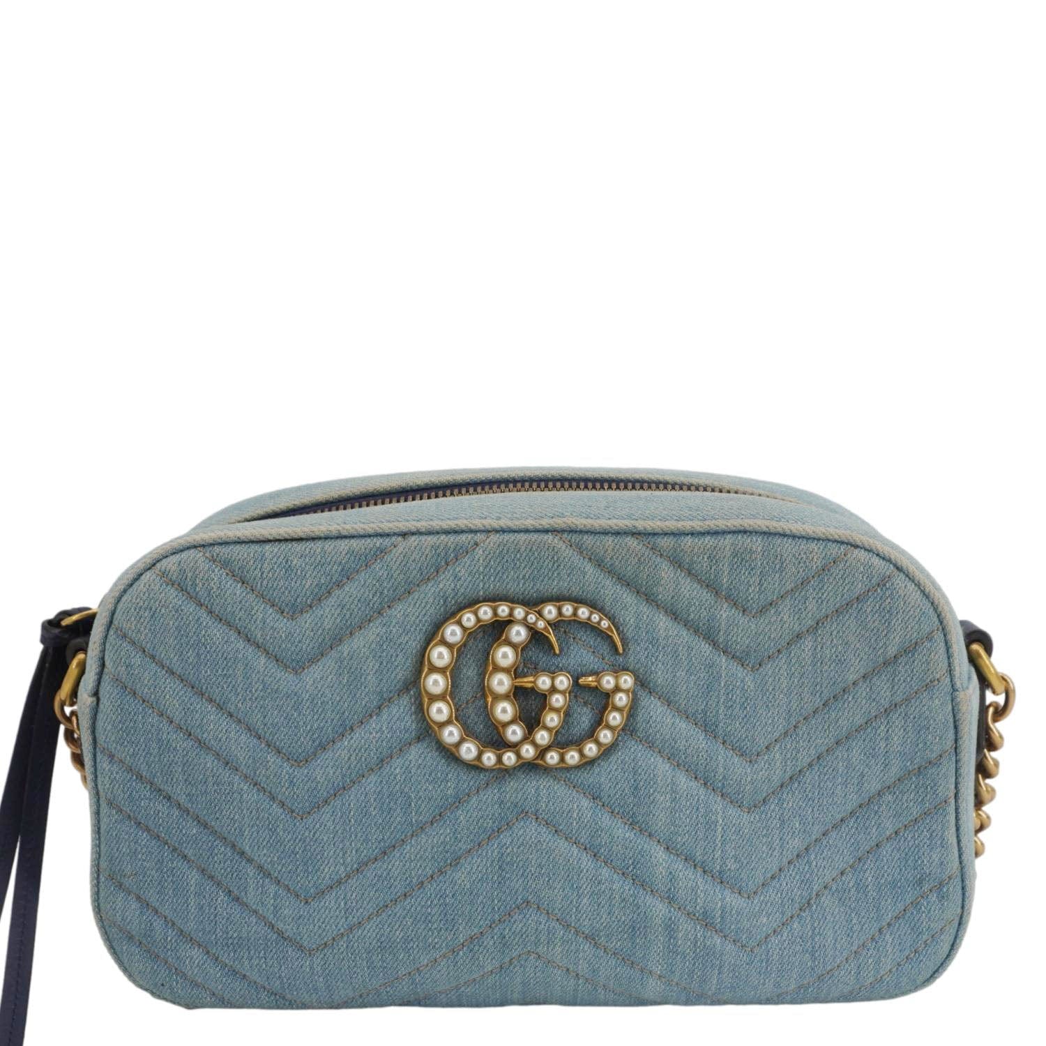 GUCCI Pearl Gucci Marmont Small Denim Crossbody Bag Blue 447632