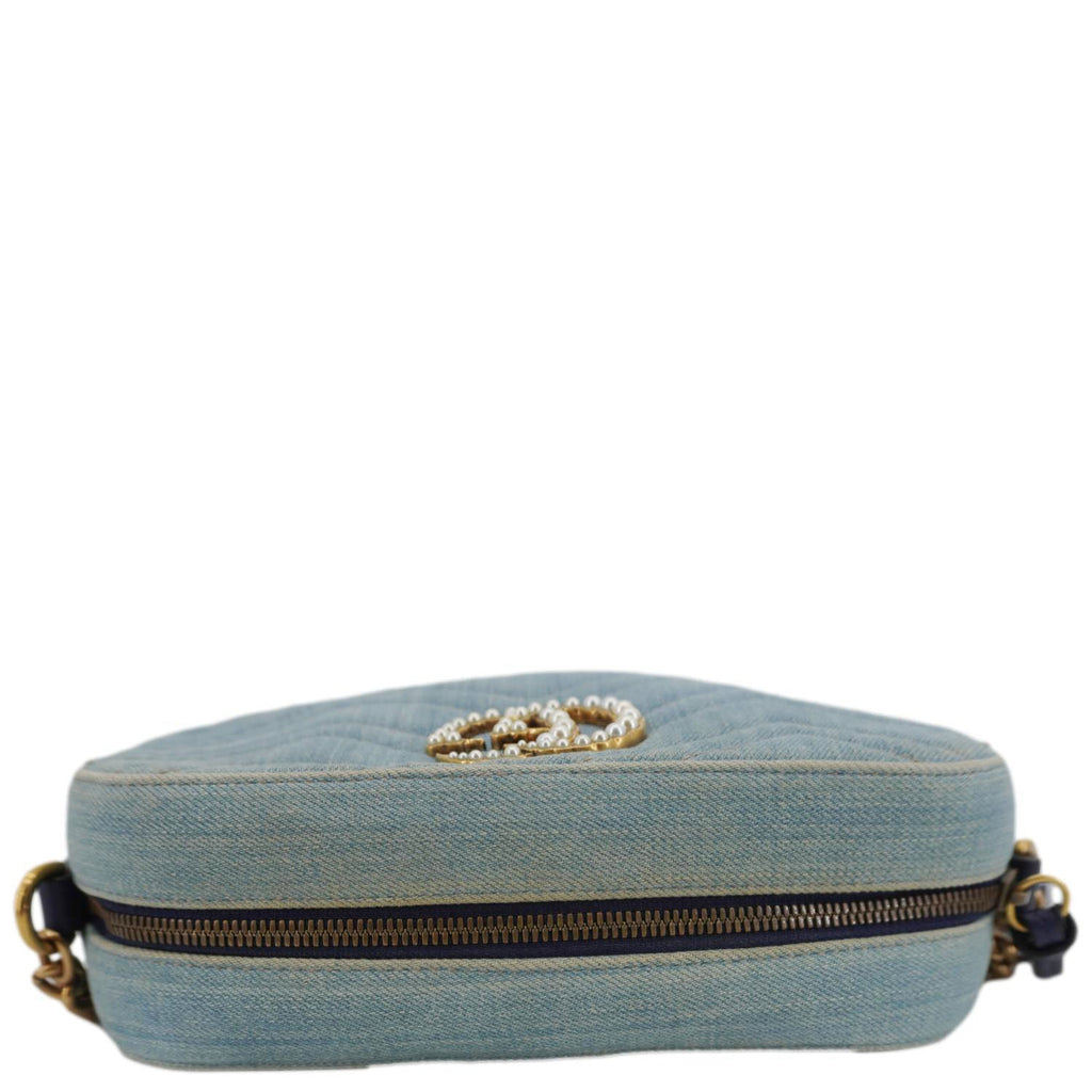 GUCCI Pearl Gucci Marmont Small Denim Crossbody Bag Blue 447632