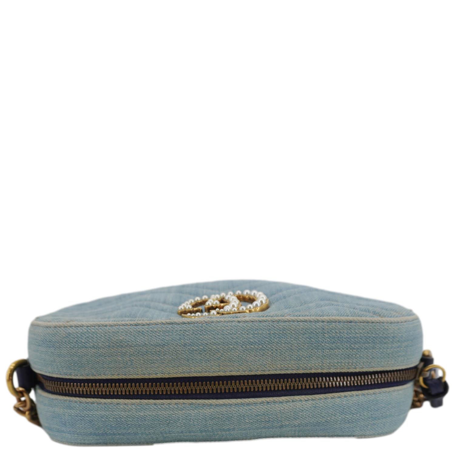 GUCCI Pearl Gucci Marmont Small Denim Crossbody Bag Blue 447632