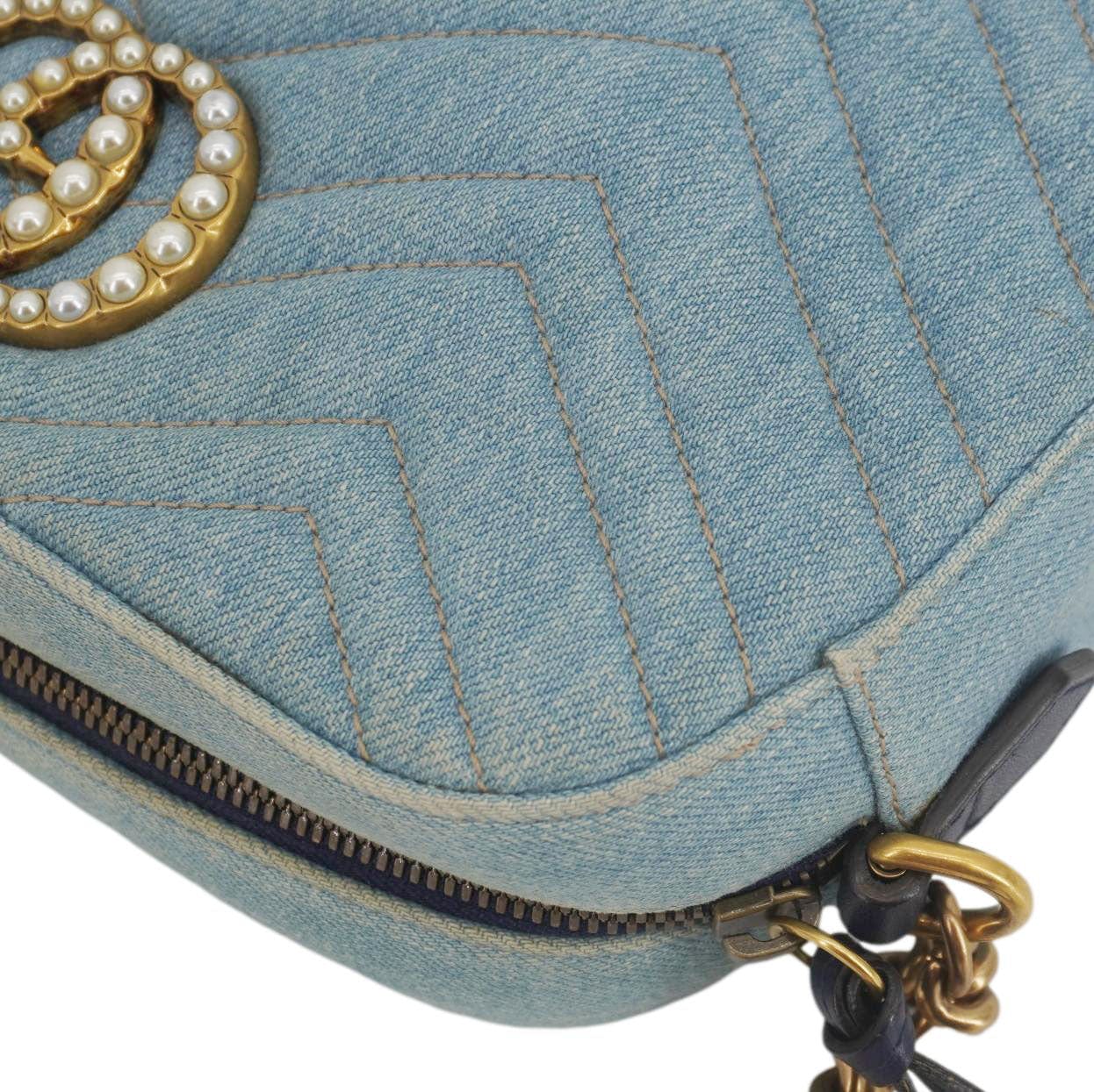 GUCCI Pearl Gucci Marmont Small Denim Crossbody Bag Blue 447632