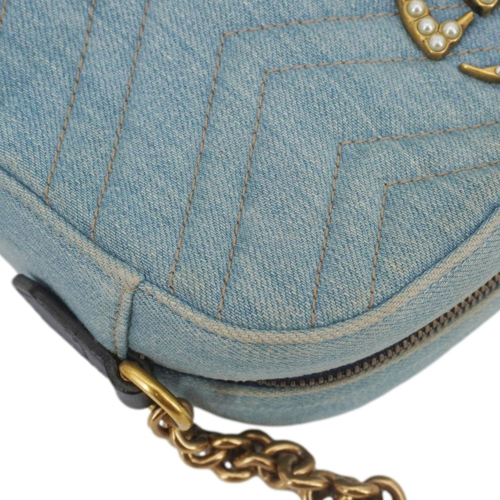GUCCI Pearl Gucci Marmont Small Denim Crossbody Bag Blue 447632