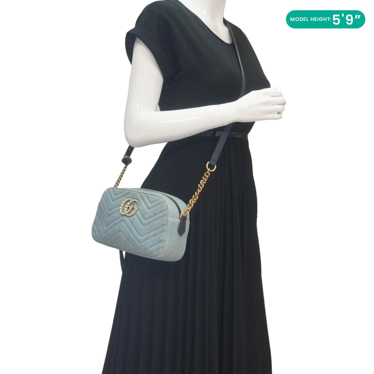 GUCCI Pearl Gucci Marmont Small Denim Crossbody Bag Blue 447632