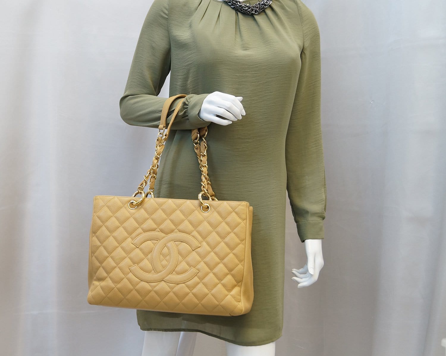 Chanel Beige Caviar Leather Leather Shopping Tote Bag