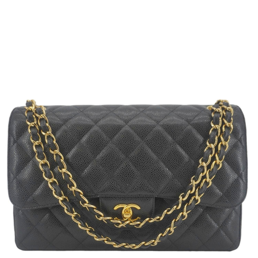 Chanel Classic Jumbo Double Flap Quilted Caviar Leather Shoulder Bag Black