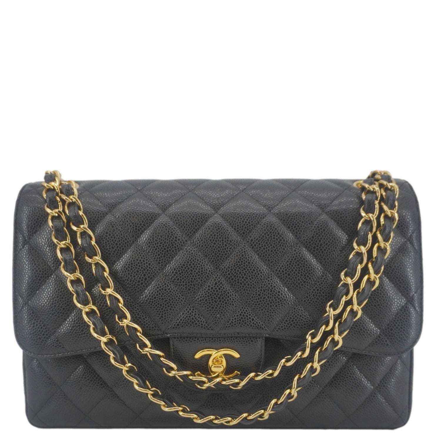 Chanel Classic Jumbo Double Flap Quilted Caviar Leather Shoulder Bag Black