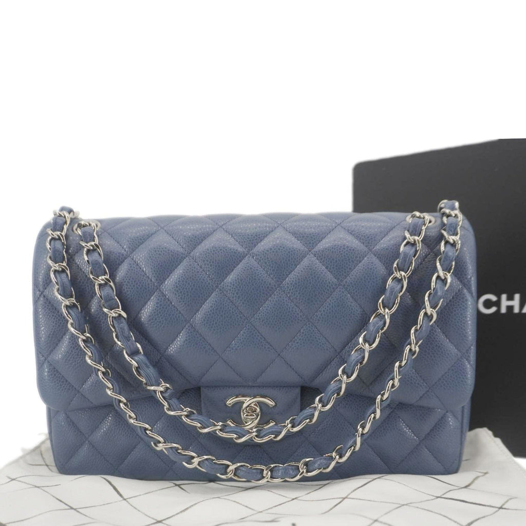 Chanel Classic Jumbo Double Flap Quilted Caviar Leather Shoulder Bag Blue