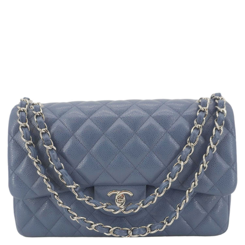 Chanel Classic Jumbo Double Flap Quilted Caviar Leather Shoulder Bag Blue