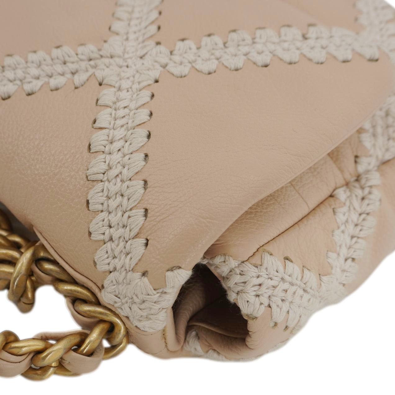 Chanel 19 Flap Medium Calfskin Crochet Shoulder Bag Beige