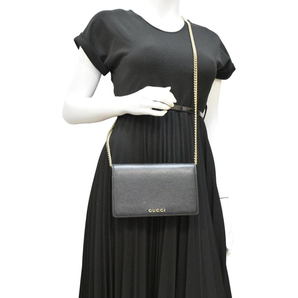 GUCCI Script Leather Chain Wallet Crossbody Bag Black 772643