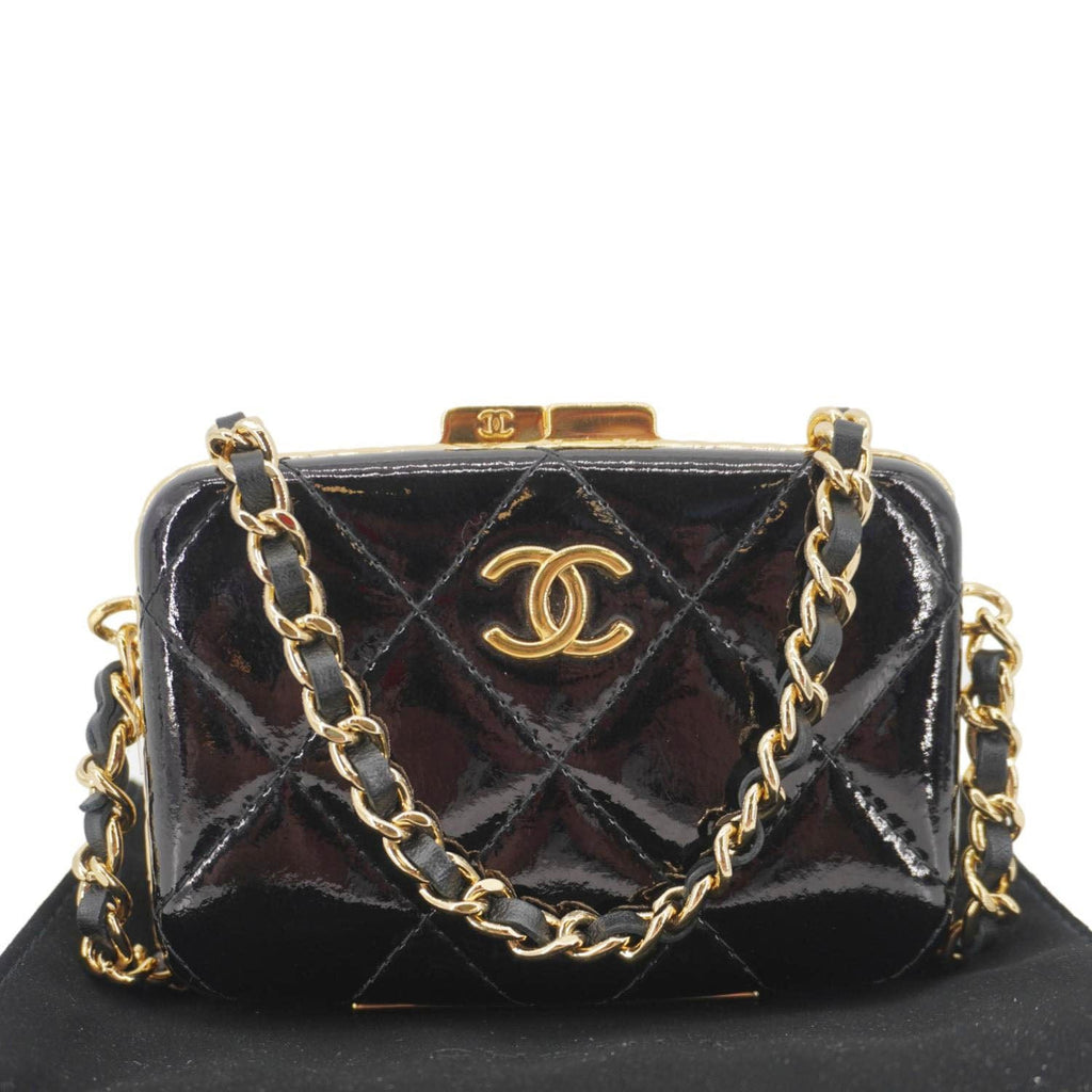 Chanel Framed Box Mini Quilted Patent Leather Chain Clutch Bag Black