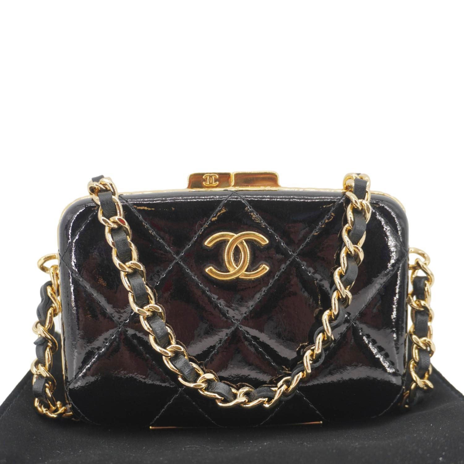 Chanel Framed Box Mini Quilted Patent Leather Chain Clutch Bag Black