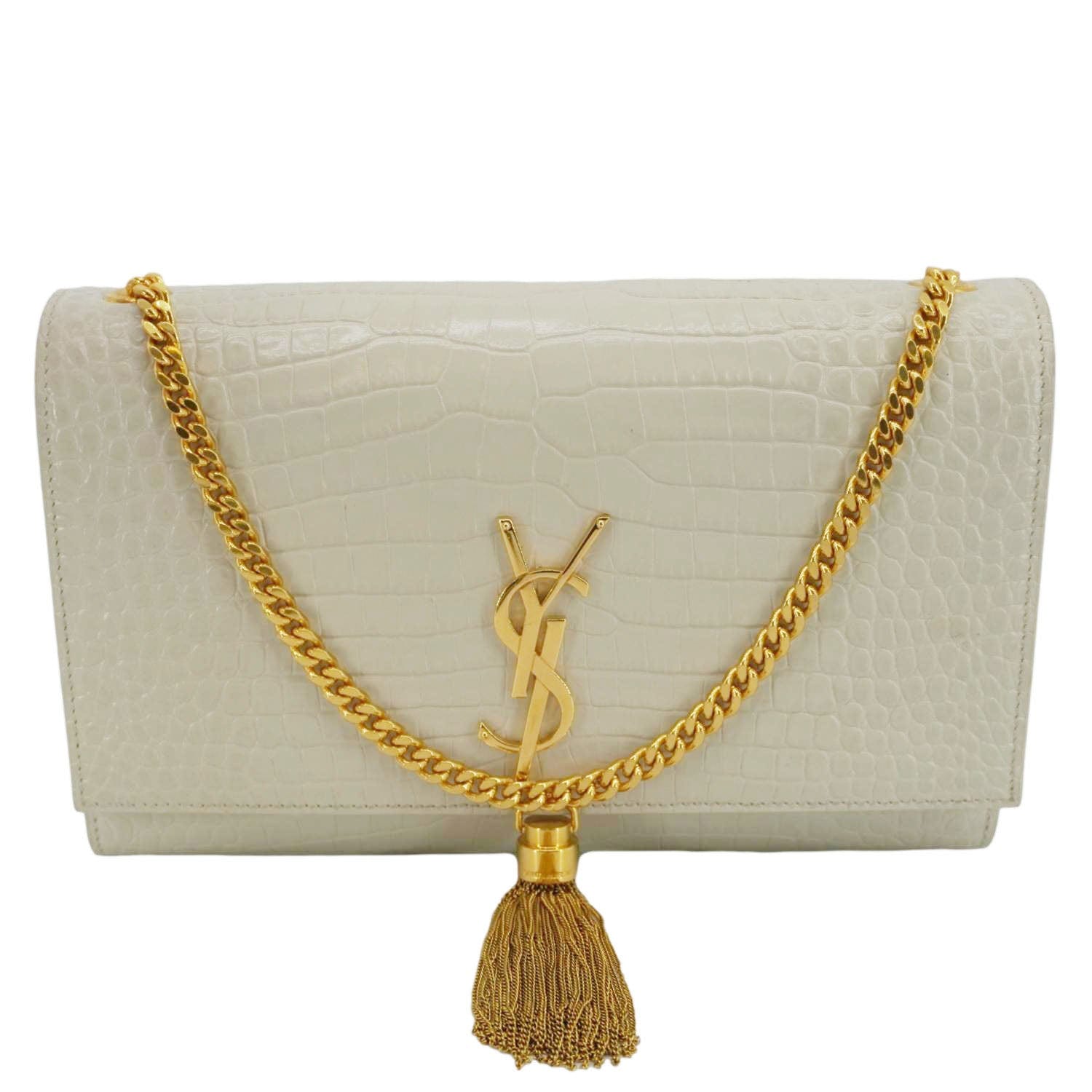 YVES SAINT LAURENT Kate Tassel Medium Crocodile Embossed Leather Crossbody Bag White