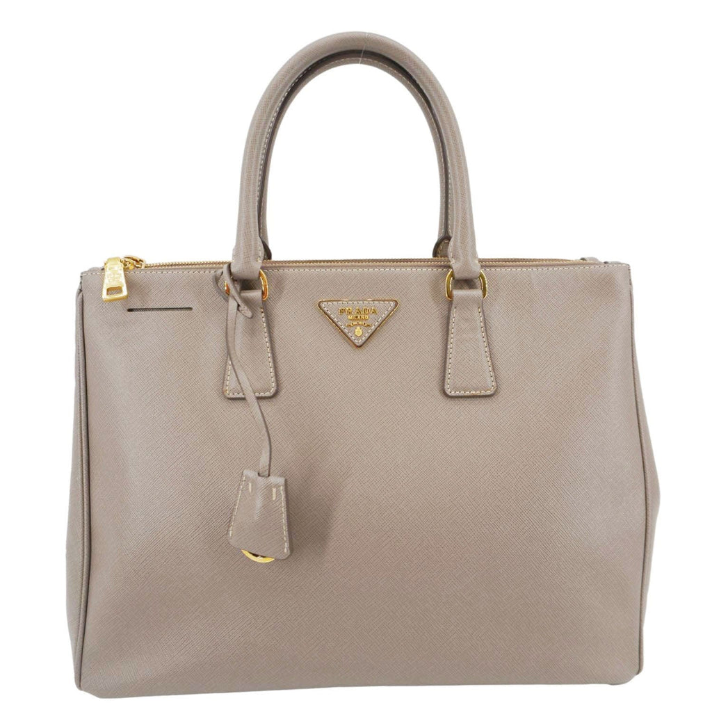 PRADA Double Zip Medium Lux Saffiano Leather Tote Argilla