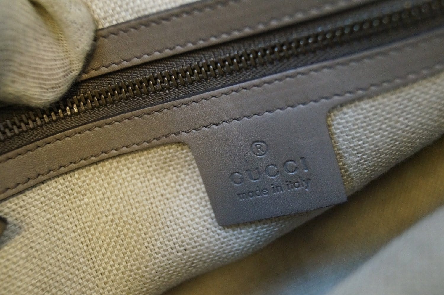 GUCCI Fango Leather Duilio Brogue Taupe Top Handle Bag