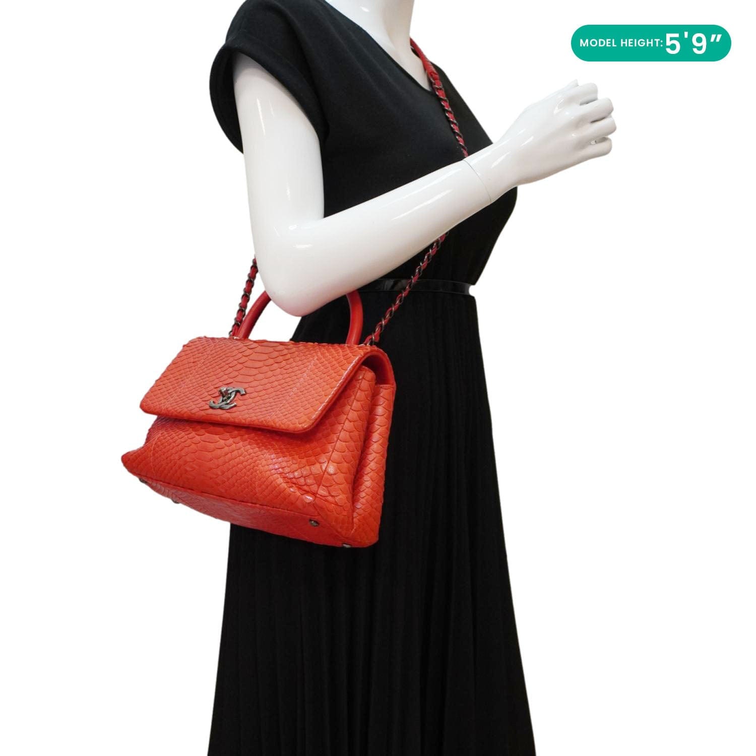 Chanel Coco Flap Python Leather Top Handle Shoulder Bag Red