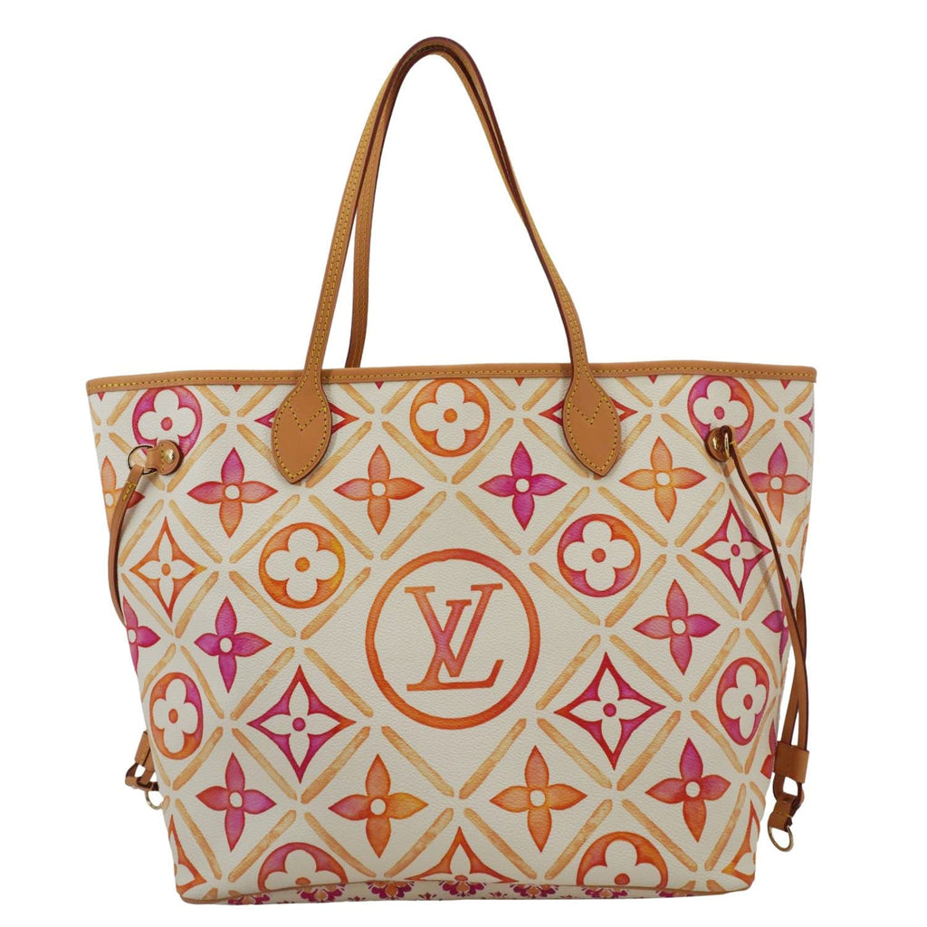 LOUIS VUITTON Neverfull MM Watercolor Monogram Tiles Canvas Shoulder Bag Coral