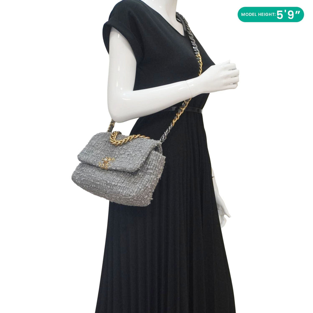 Chanel 19 Flap Medium Quilted Tweed Shoulder Bag Gray