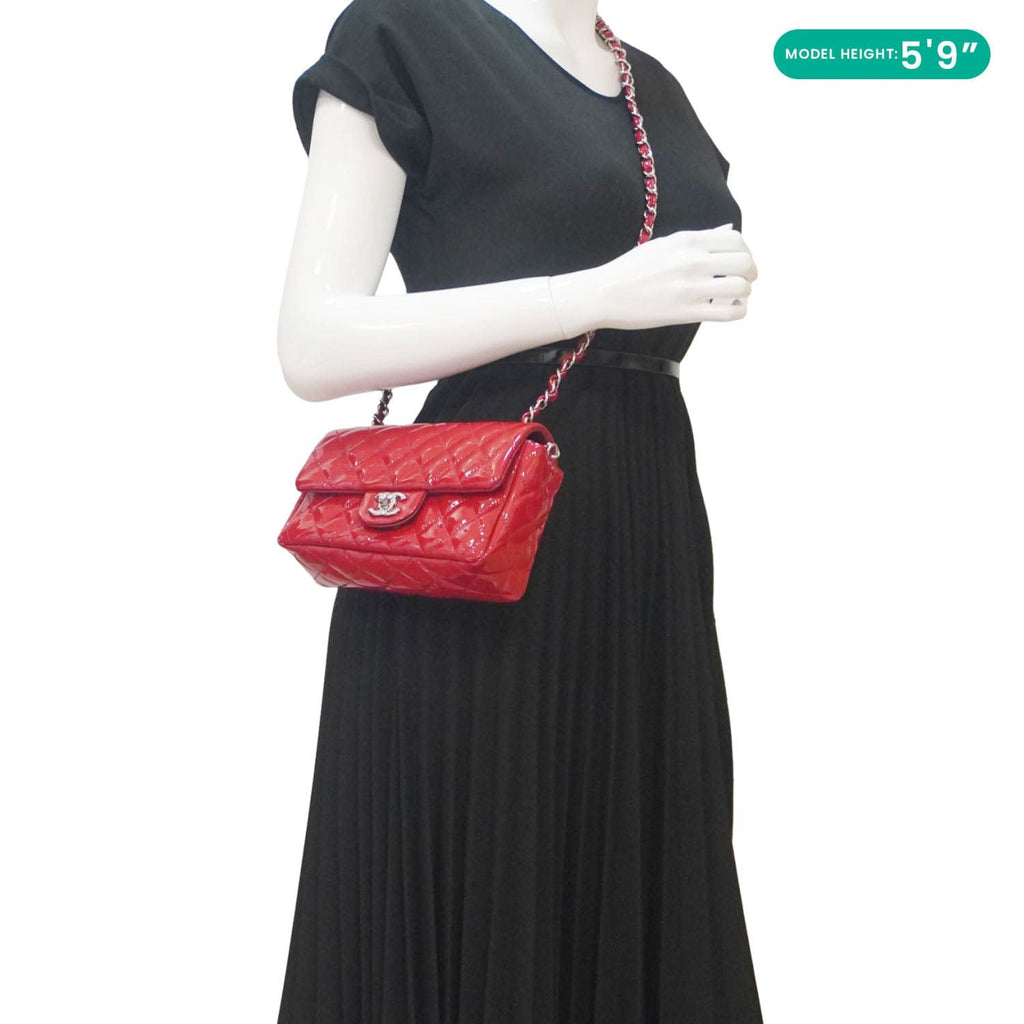 Chanel Classic Rectangular Flap Mini Quilted Patent Leather Shoulder Bag Red