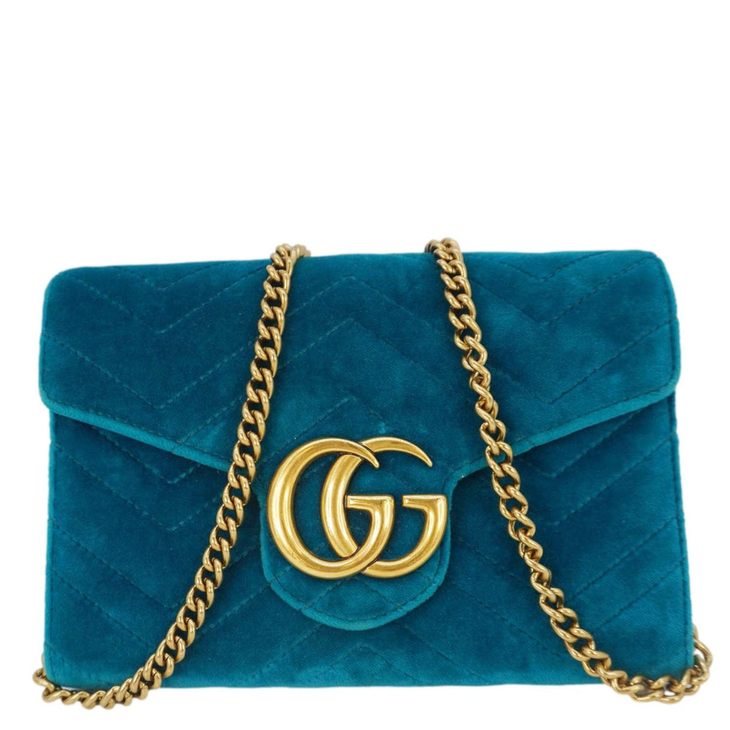 GUCCI Gucci Marmont Matelasse Velvet Chain Wallet Pavone Cyan 474575