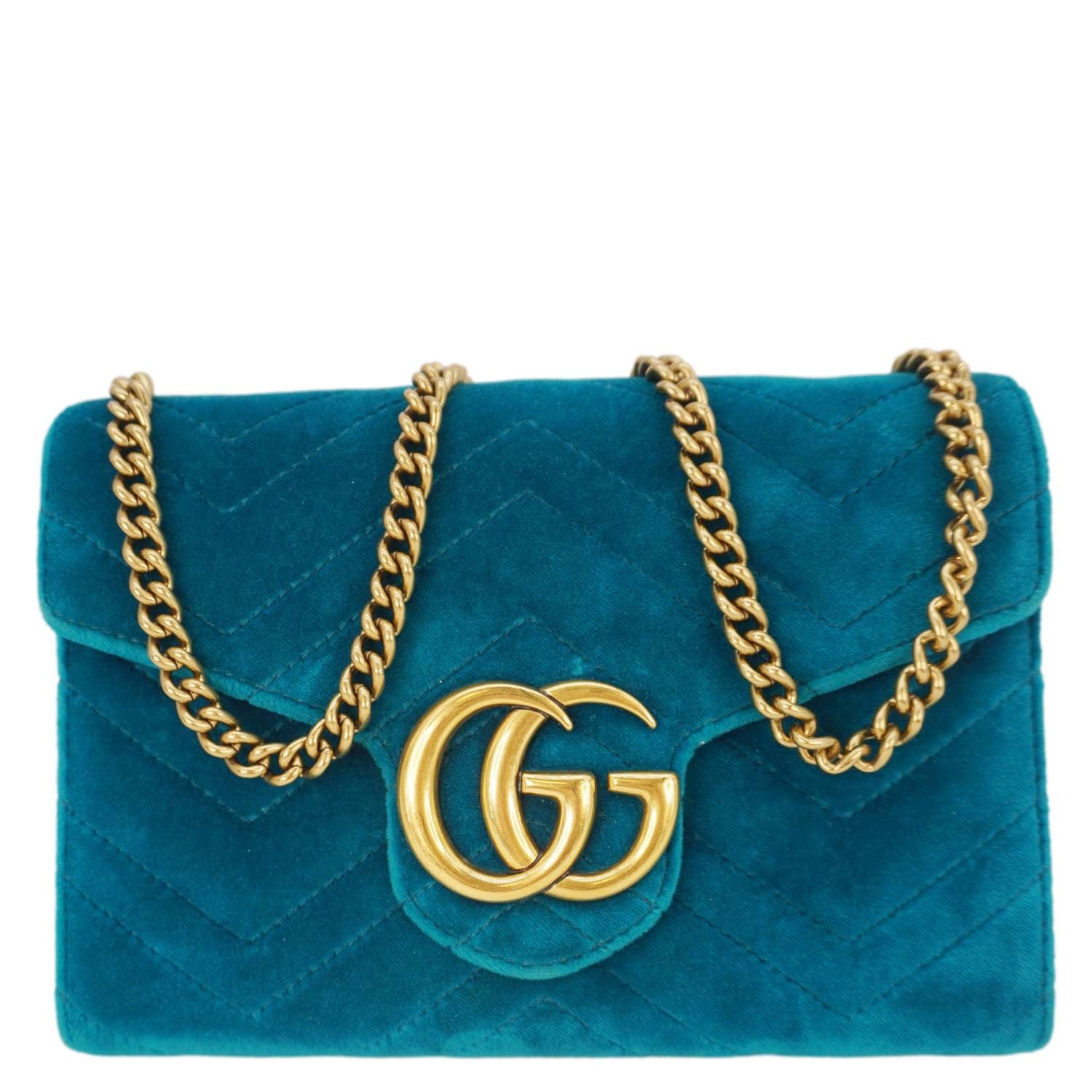 GUCCI Gucci Marmont Matelasse Velvet Chain Wallet Pavone Cyan 474575